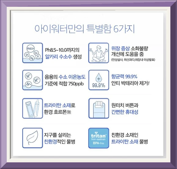 아이워터 클래식 미네랄 수소 필터 물병 포터블, 블루, 600ml 사진4