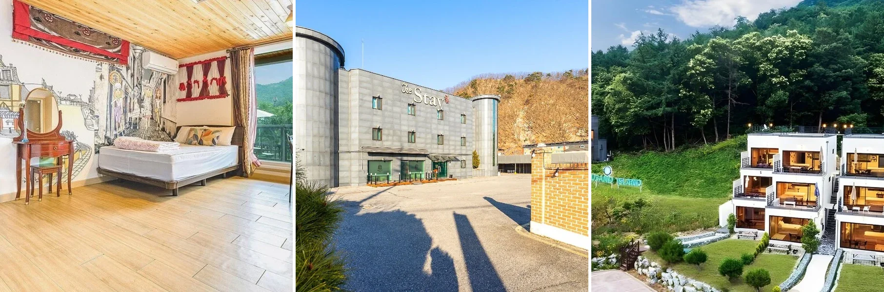 왼쪽부터 가평 산아래 펜션, 더 스테이 호텔, 가평 천섬 리조트 외관