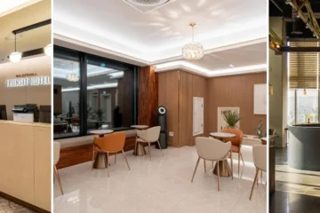 왼쪽부터 인천공항 환승호텔 제 1 터미널 (Incheon Airport Transit Hotel(Terminal 1)), 인천 운서동 DK 공항 호텔, 인천공항 글로벌 호텔 & 스위트(운서역) (Incheon Airport Global Hotel & Suites (Unseo Station)) 외관