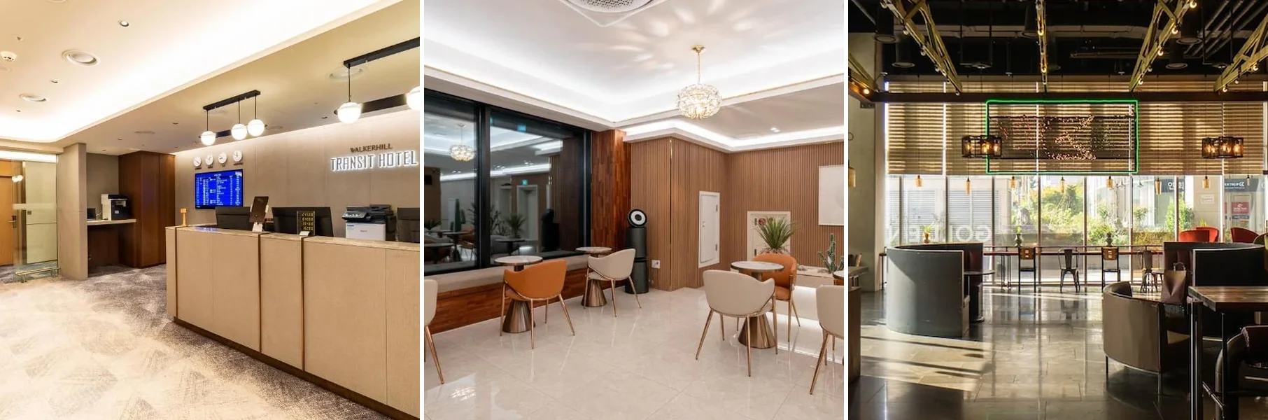 왼쪽부터 인천공항 환승호텔 제 1 터미널 (Incheon Airport Transit Hotel(Terminal 1)), 인천 운서동 DK 공항 호텔, 인천공항 글로벌 호텔 & 스위트(운서역) (Incheon Airport Global Hotel & Suites (Unseo Station)) 외관