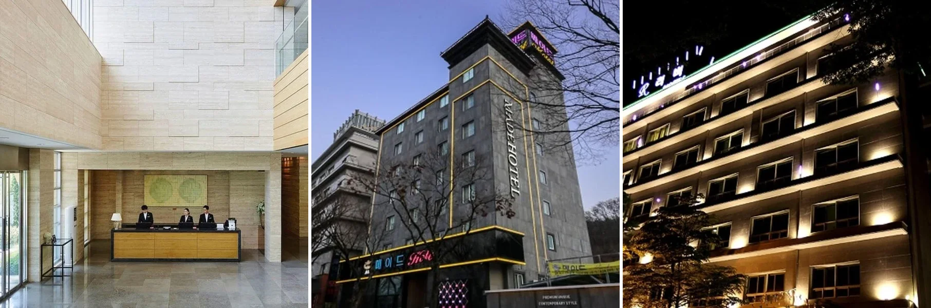왼쪽부터 더 스위트 호텔 남원, 남원 메이드 호텔, 남원 리버 외관