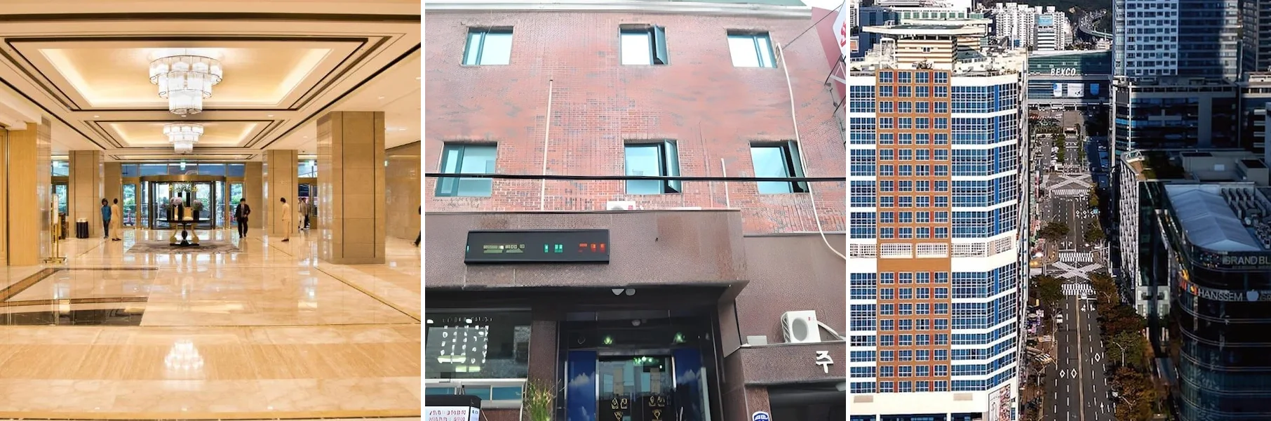 왼쪽부터 롯데 호텔 부산, 동래 온천 호텔, 센텀 비즈니스 호텔 외관