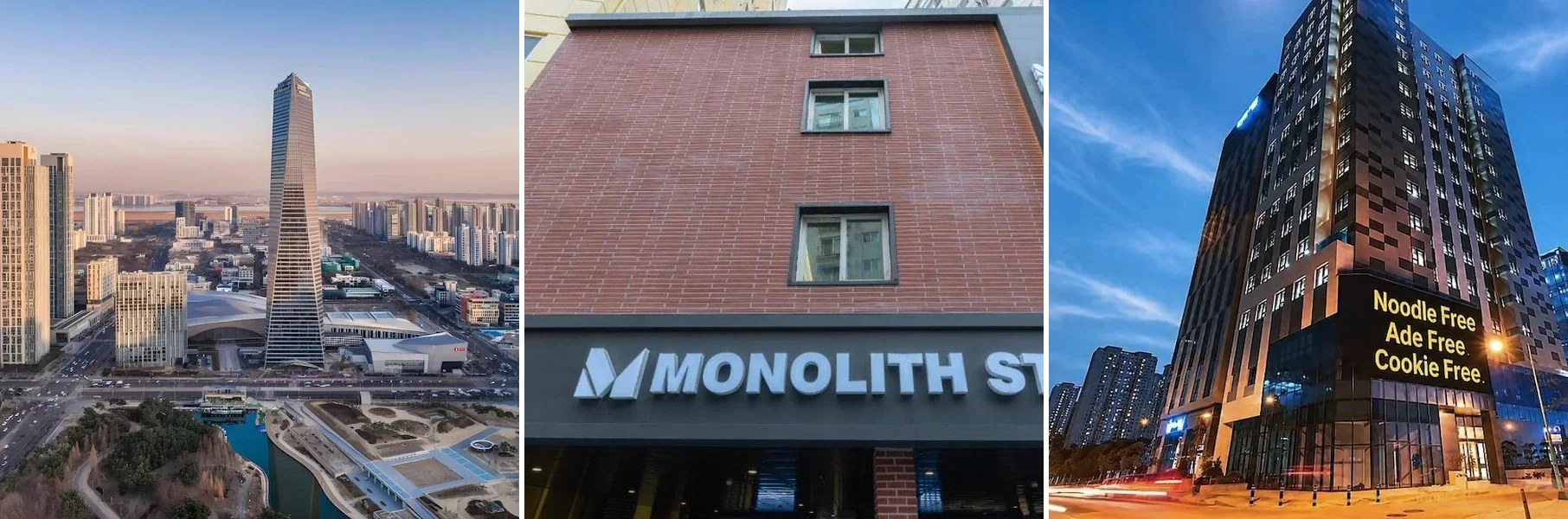 왼쪽부터 오크우드 프리미어 인천, Monolith Stay Hotel Incheon Bupyeong Station, 골드코스트호텔 외관