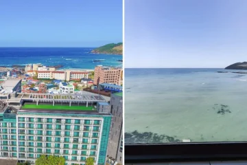 왼쪽부터 라마다 바이 윈덤 제주 함덕, 비치스토리호텔, 풍경채 콘도텔 외관