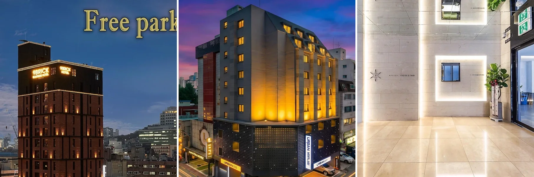 왼쪽부터 나인 브릭 호텔, 신촌 URBAN HOTEL&PLAY, 신촌 포레스타 외관