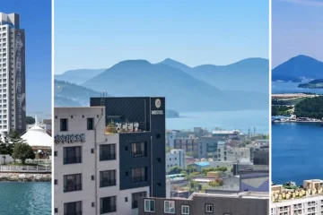 왼쪽부터 여수 엑스포 유탑 마리나 호텔 & 리조트, 여수 진아리랑 호스텔 펜션, 호야스테이 외관